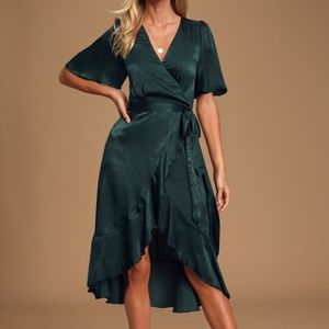 Lulu’s Wrapped Up In Love Dark Green Satin Faux-Wrap Midi Dress